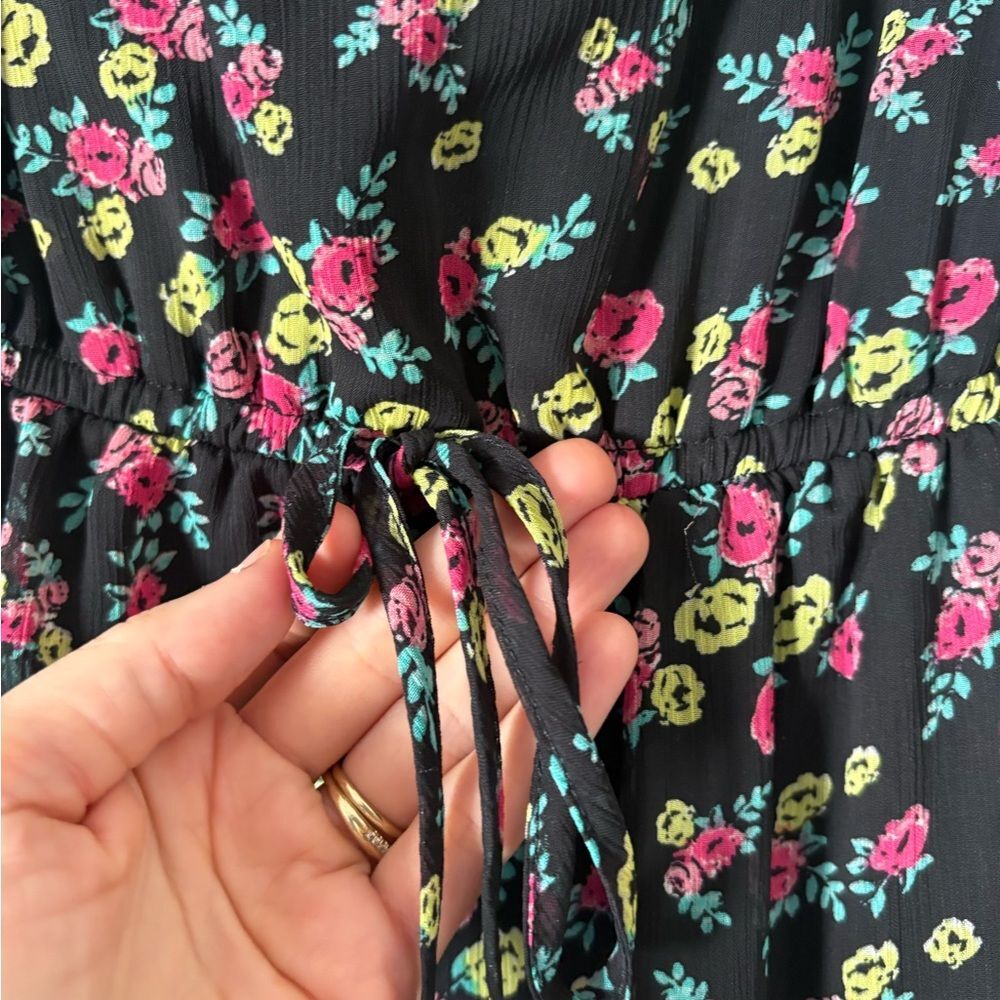 Floral Chiffon Black Mini Dress XS 90s Vtg Tier Ditsy Ruffle Festival Y2K Bebop - Picture 3 of 9